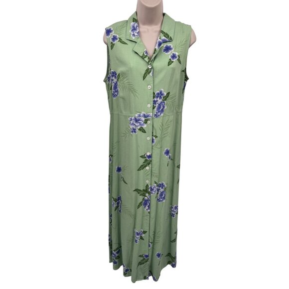 Vintage Hawaiian Maxi Dress Womens 12‎ Rayon Green Purple Hibiscus Print Beachy - Picture 1 of 9